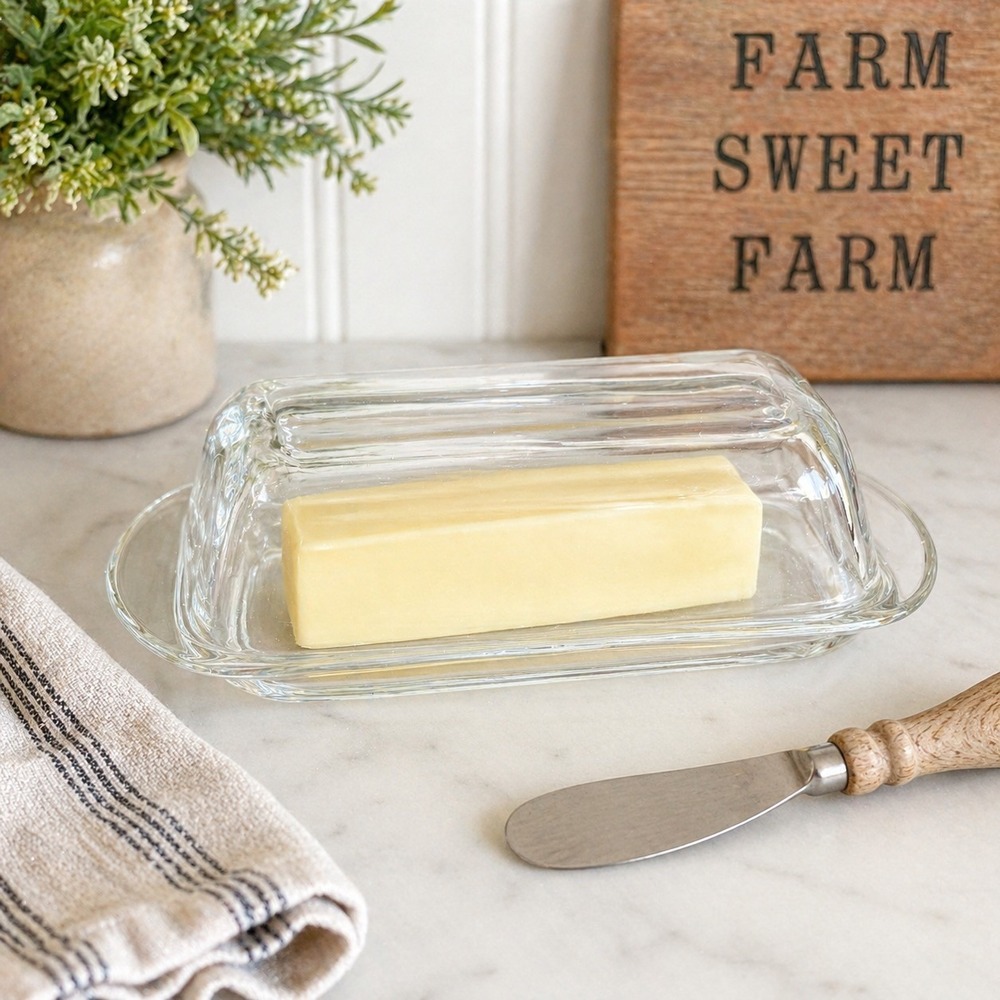 Vintage Glass MCM Butter Dish Clear Rectangular Lid‎ Tray Farmhouse Kitchen